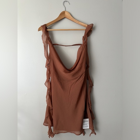 NWT!! ASOS Cowl neck, mini dress with frill detail in chocolate brown Size US 12 - Picture 4 of 5